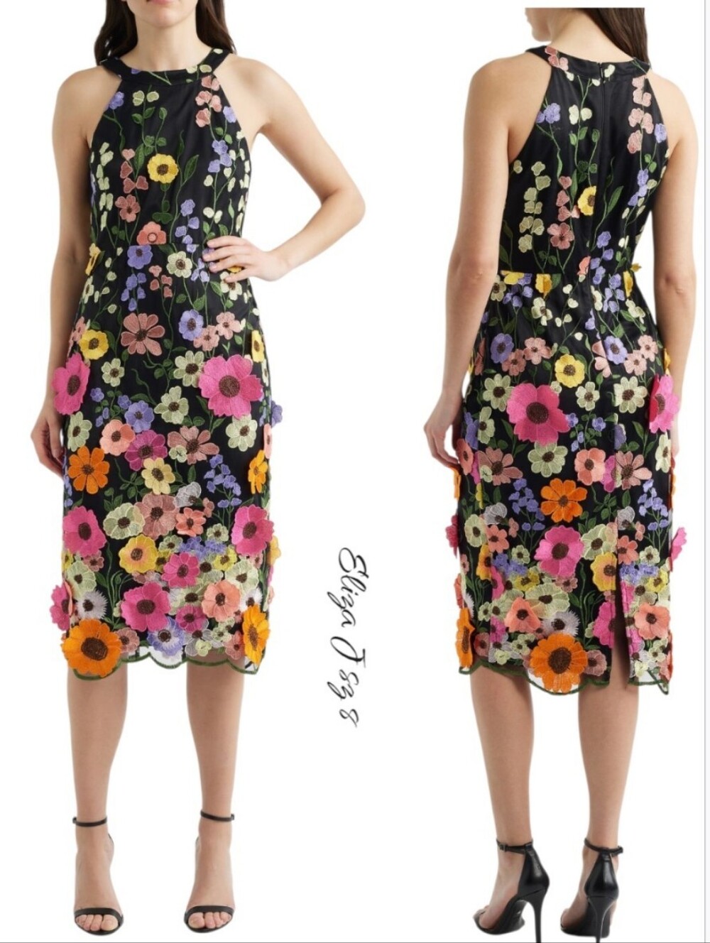 Eliza J 3D Embroidered Floral Cocktail Dress Wedding Guest Midi 8 New